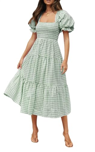 ZESICA Women's 2025 Bohemian Summer Plaid Square Neck Puff Sleeve Ruffle Flowy Beach Midi Dress,Green,Medium