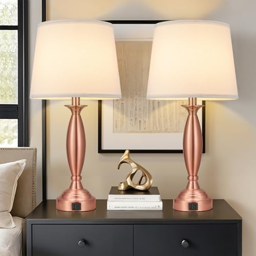 Rose Gold Lamps for Bedrooms Set of 2 - Touch Control Bedside Lamp with USB C+A, 3 Way Dimmable Nightstand Lamps with USB Port(White Shade and Rose Gold Base)
