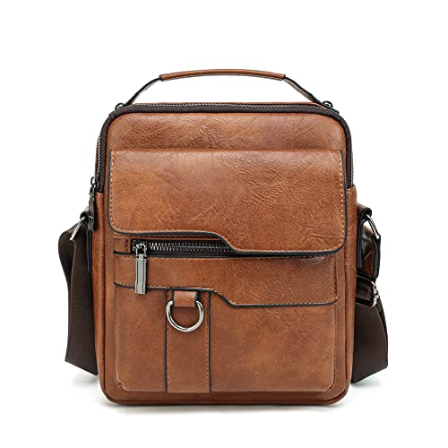 WEIXIER Small Shoulder Bags for Mens Leather Crossbody Messenger Handbags Man Purse Satchel Travel Bag for Office Business Brown