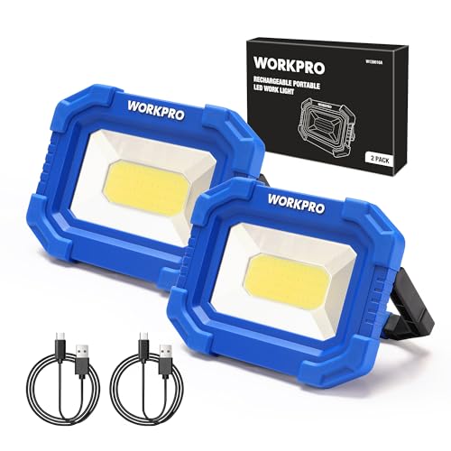 WORKPRO LED Work Light, Rechargeable Magnetic Work Lights with Stand, Portable, Waterproof, 2000LM COB Flood Light for Camping, Fishing, Car Repair, Job Site Lighting, Hiking, 4 Modes, 2 Pack