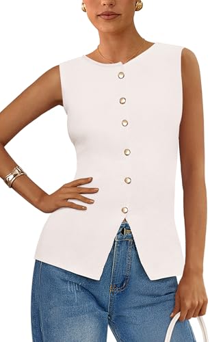PRETTYGARDEN Women's Sweater Vest Button Down Summer Tank Tops 2025 Sleeveless Knit Vests Fashion Business Casual Outfits (White,S)