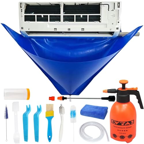 Oiktylr 13Pcs Mini Split Cleaning Kit Bag with 2L High Pressure Sprayer, Air Conditioner Cleaning Kit with Waterproof PVC AC Cleaning Cover Bib with 10pcs HVAC Cleaning Tools, Large