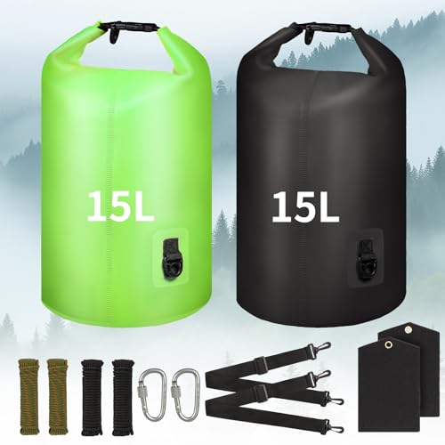Ultralight Bear Bag Hanging System - 2-Pack 15L Waterproof Bear Proof Food Storage Kit with Rock Sack 4 Ropes 4 Safety Clips 2 Straps for Hiking, Camping & Backpackin, Green + Black