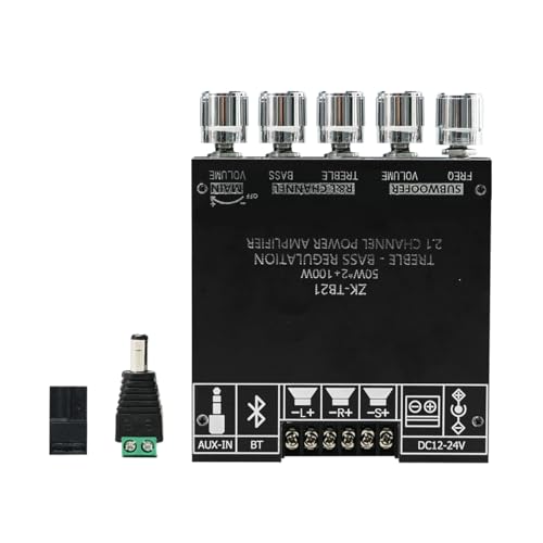 Bluetooth Audio Amplifier Board, 2.1CH 50W x 2 +100W Subwoofer Power Amp with Treble and Bass Control,JR-TB21 Bluetooth5.0 and AUX Inputs, Stereo Digital AMP Module for DIY Home Speakers.