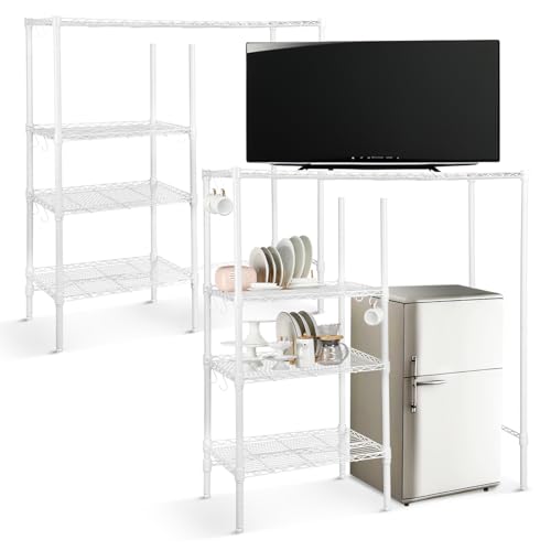 Huwena Mini Fridge Stand with Storage Shelf for Dorm 4 Tier Mini Microwave Stand Baker Rack Adjustable Height Over Fridge Storage Organizer with Hook for College Dorm Kitchen Office Coffee Bar(White)