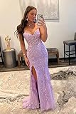 Miao Duo Yellow Long Spaghetti Straps Prom Dresses for Women Mermaid Lace Tulle Backless Formal Party Evening Gowns with Slit Yellow Size 6