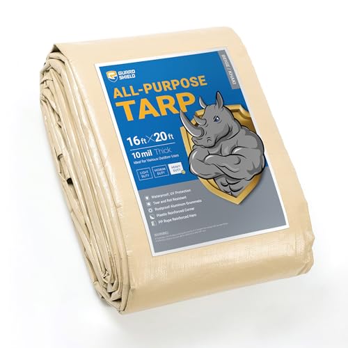 GUARD SHIELD Beige Tarp Heavy Duty Waterproof 16x20 Feet Outdoor Poly Tarps Cover Thick UV Resistant Canopy Tarpaulin with Grommets 10mil