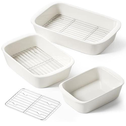 LE TAUCI Deep Casserole Dishes for Oven, 13.7”x9.6” Ceramic Baking Dish Set with Roasting Racks, Large Lasagna Pans with Handles, Rectangular Bakeware as Gift for Mom, White (4.6QT/3.0QT/1.6QT), Set of 3