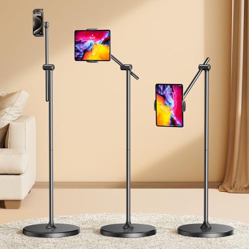 DIMONCOAT [Height-Adjustable & 360° Rotation Tablet Floor Stand Stable Base, Aluminum Alloy iPad Stand Floor Holder for iPad Mini Air Pro 12.9/9.7, Monitor, Kindle, iPhone 16, Cell Phones (4.7"-15.6")