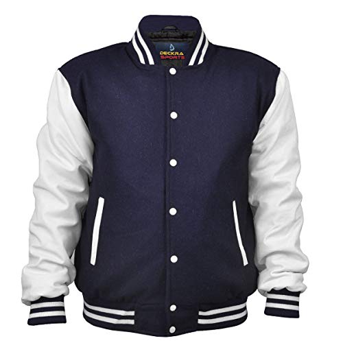 Men's Varsity Jacket Genuine Leather Sleeve and Wool Blend Letterman Boys College Varsity Jackets XS-5XL (US, Alpha, Large, Regular, Regular, Navy Blue/White)