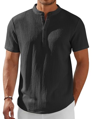 COOFANDY Men's Black Henley Shirt Short Sleeve Stand Collar Summer Casual Beach Hippie T-Shirts