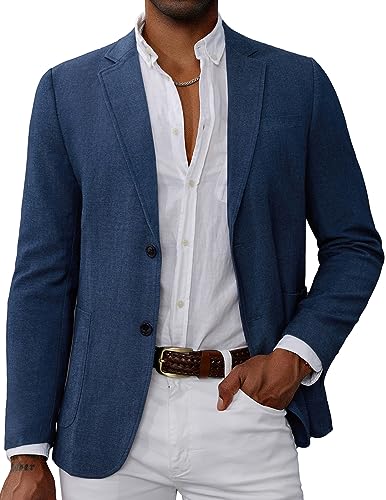 Men's Casual Knit Denim Suit Blazer Jackets Breathable Stretch Notch Lapel Collar Business Work Sports Coats Two Button