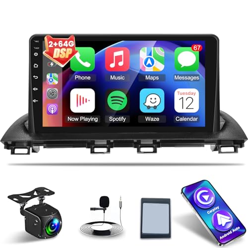 NHOPEEW [2+64G] for Mazda 3 Axela 2014-2019 Car Radio - 9 inch HD Touchscreen Android 13 DSP Audio - Wireless Carplay & Android Auto, GPS, WiFi, Mirror Link, SWC + AHD Backup Camera + Canbus