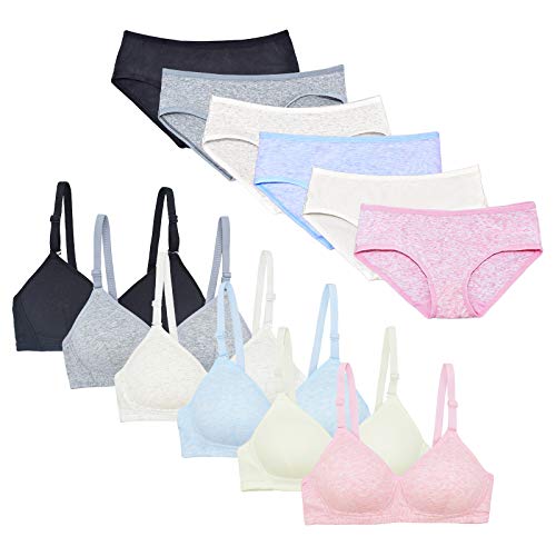 VeaRin 6 Pack Wireless Padded Starter Bras for Teens Girls (6 Colors with Underwear Set, 32)