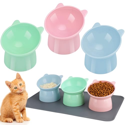 3 Pcs Elevated Cat Bowls - 15 Raised with Silicone Mat, Whisker Friendly, Anti Vomiting Food & Water Bowls for Indoor Cats & Kittens