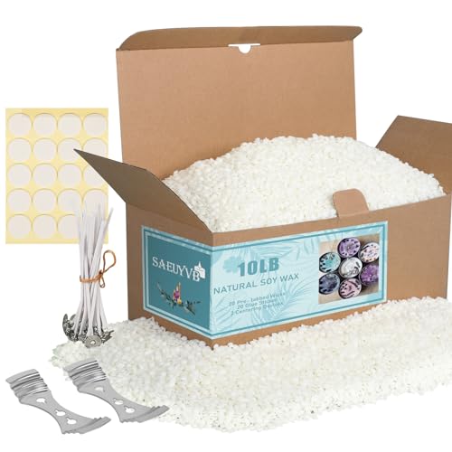 SAEUYVB Natural Soy Candle Wax for Candle Making, 10lb Bag, Premium Granular Soy Wax, 20 Cotton Candle Wicks, 20 Wick Stickers and 2 Centering Devices