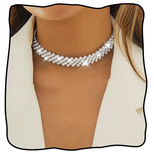 JEAIRTS Rhinestone Choker Necklace Silver Multi-Row Crystal Chokers Sparkly Rhinestone Neck Chain Party Prom Necklaces Jewelry for Women(1-Silver)
