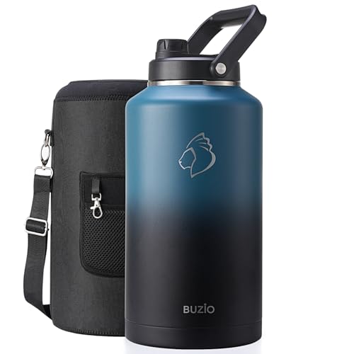 BUZIO 2 Gallon Water Bottle Insulated, (Cold for 48 Hrs) 256oz Extra Large Water Jug Stainless Steel, 4.4in Big Wide Mouth Leak Proof Metal Flask with Handle for Camping,Work,Travel, Indigo Black