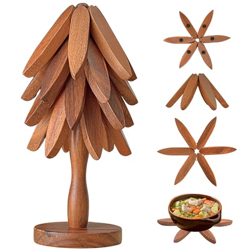 Tree Trivets with Anti-Slip Pads: Tree-Shaped Premium Walnut Wood Wooden Coasters – Foldable Mats for Hot Pots, Pans, Dishes, Cups, Bowls, Jars & Teapots - Elegant Kitchen Decor & Gift Idea