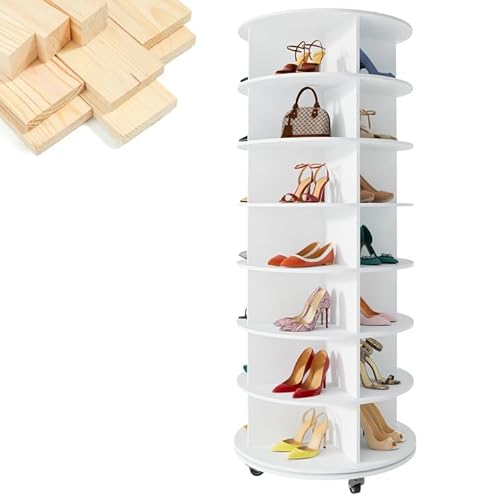 Gujiam 7-Tier Rotating Shoe Rack Tower 360 with Wheels, 66.9in Spinning Shoe Tower, Revolving Shoe Rack, Shoe Carousel Closet Organizer, Free Standing Shoe Rack for Entryway Living Room Hallway White
