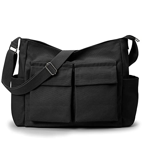 KALIDI Canvas Tote Messenger Bag with Pockets, Large Crossbody Bag for Women or Men, Casual Canvas Shoulder Bag for College Work Travel Daily, Black