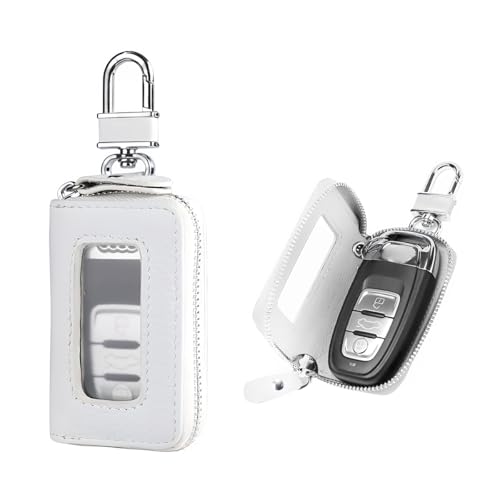 Gasedin Car Key Fob Case, Smart Key Fob Cover with Metal Hook & Transparent Window, Remote Key Fob Case Holder Keyring Zipper Bag (White)