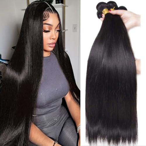 Beautymoon Sew In Long Straight 4 Bundles Human Hair 22 24 26 28 Inch 100% Unprocessed Brazilian Virgin Human Hair Bundles Straight Remy Hair Bundles Natural Black