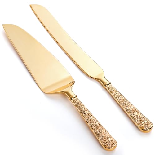 Dicunoy 2 PCS Gold Cake Knife and Server Set, Wedding Cake Cutting Utensils, Vintage Engraved Cake Cutter and Serving Spatula for Birthday,Anniversary, Vibrant Gold