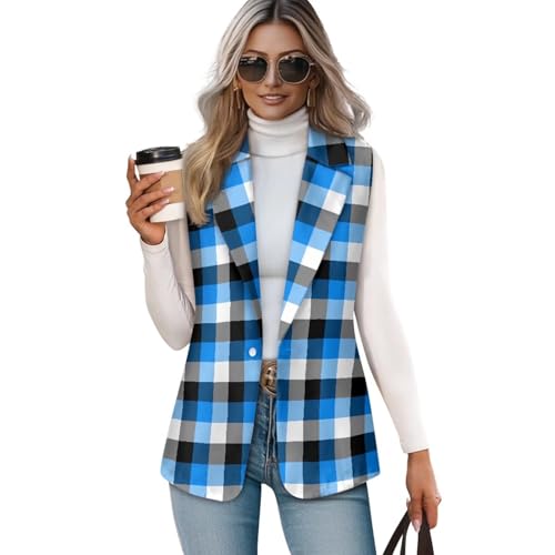 Nxidvxne Womens Vest 3D Print Blue and Black and White Check Pattern Long Vest For Women Chalecos De Mujer De Vestir Blue Vest