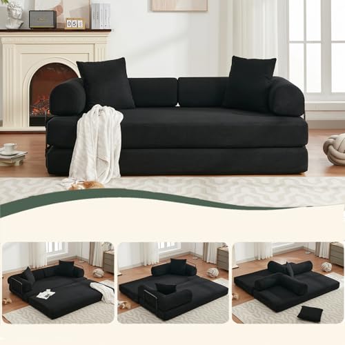 Convertible Folding Sofa Bed, Modular Floor Sofa with Removable Backrest, Corduroy Folding Mattress Couch with Fixed-Shape Frame for Living Room Bedroom Lounge (Black)