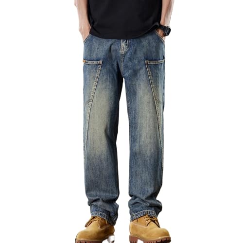 Men's Korean Casual Classic Jeans Male Straight Wide Leg Denim Pants Vintage High Street Trouser Blue 28