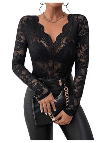 WDIRARA Women's Floral Embroidery Mesh Lace Round Neck Long Sleeve Top Scallop Trim Black L