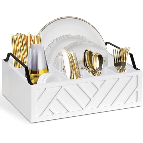 Paper Plate Dispenser and Holder for Kitchen Counter, Wood Rustic Silverware Utensil Caddy, Cutlery Flatware Organizer Box for Cups Spoons Forks Napkins, Kitchen Accessories (White)