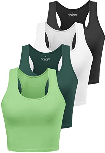 Joviren Cotton Workout Crop Tank Top for Women Racerback Yoga Tank Tops Athletic Sports Shirts Exercise Undershirts 4 Pack Black/White/Dark Green/Avocado Green M