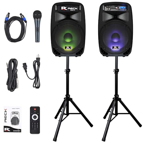 Proreck Dance 15 Portable 15-Inch 2000 Watt 2-Way Powered PA Speaker System Combo Set with Bluetooth/USB/SD Card Reader/FM Radio/Remote Control/LED Light