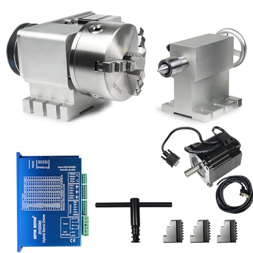 RATTMMOTOR CNC 4th-Axis A-Axis Rotation-Axis Kit K11-130mm 3 Jaw Chuck Dividing Head 100mm Tailstock Reducing Ratio 4:1 (+Nema34 Closed Loop Servo Motor+2HSS86 Driver)