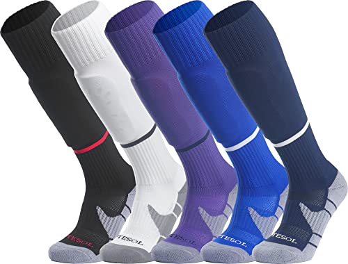 APTESOL Youth Soccer Socks Kids Knee High Team Sport Cushion Sock Women Men Long Tube Cotton Athletic Compression Socks (5-Pair Multicolor-B,Medium)