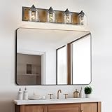 YKLITG 31.5" Large Farmhouse Bathroom Vanity Light,Handmade Dark Wood Vanity Light with Bubble Glass Shades,4-Light Rustic Wall Sconce Lighting Fixtures Over Mirror, BD005-4-DW