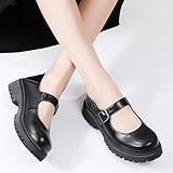 XMM Mary Jane Shoes Black Platform Chunky Mary Janes for Women Ladies Comfort Leather Round Toe Non-Slip Ankle Strap Dressy Casual Cute Girls Kawaii Lolita School Trendy Work Shoes US 7