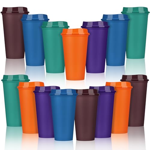 Domensi 15 Pack Reusable Coffee Cups with Lids Bulk 16 oz Travel Mug Plastic Coffee Tumblers for DIY Hot Cold Drink Party Favors Gift Coworker, Microwaveable (Colorful)