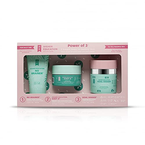 POWER OF 3 KIT: Dry/Sensitive Skin, Limited Edition, NO BRAINER Gentle Cleanser - 3 fl. oz., EASY A Glycolic Acid Exfoliating Wipes - 30 Individual Pads, GOAL DIGGER Moisturizing Crème - 1.7 fl. oz