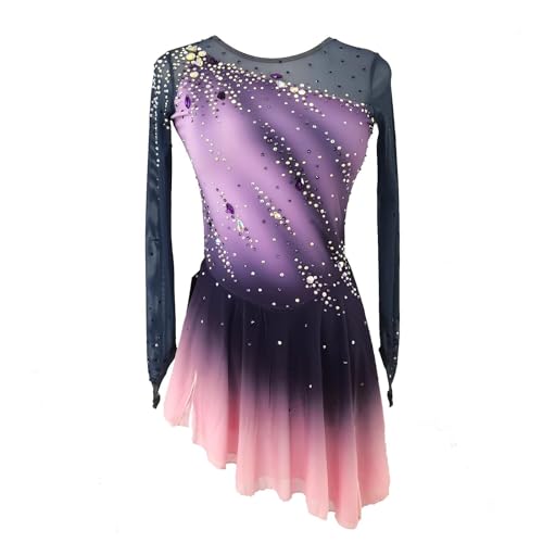 JoyCan Girl's Long Sleeved Purple Gradient Figure Skating Dress Elegant Figure Skating Skirt for Performance and Practice
