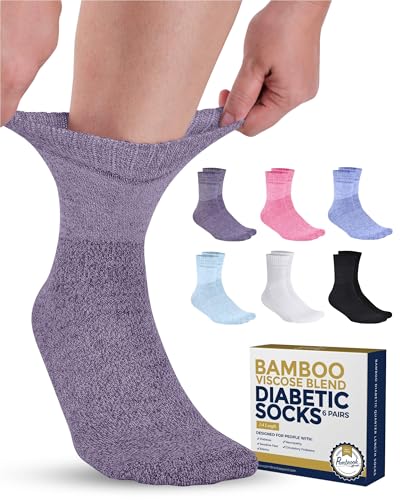 Pembrook Bamboo Viscose Diabetic Socks for Women & Men - 6 Pairs Ankle Socks for Swollen Feet | Neuropathy Socks | Edema Neuropathy Socks for Women | Diabetic Socks Women 9-12