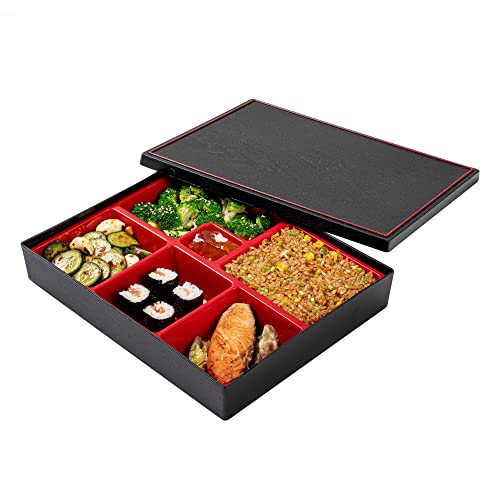 Restaurantware-12.2 x 9.8 x 2.4 Inch Compartment Lunch Container, 1 Japanese Style Adult Lunch Container - With 6 Compartments, Greaseproof, Black & Red Plastic Divided Meal Box, Hot & Cold Food