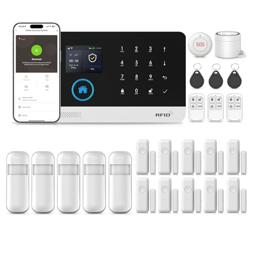 Clouree WiFi Wireless Alarm System for Home Security, GSM Home Alarm 24 Piece Kit with Siren, PIR Motion Sensors, Remote Controls, Window/Door Sensors (Tuya and Smart Life APP)