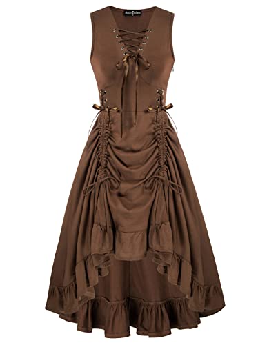 Scarlet Darkness Medieval Renaissance Costume Drawstring Lace Up Ruffle Hem Steampunk Dress Brown 2XL