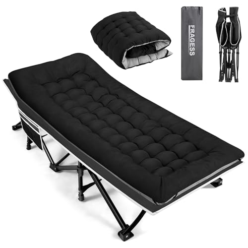 Fragess Portable Camping Cot, Sleeping Cots for Adults, 28" Extra Wide Heavy Duty Folding Cot Max Load 600LBS with Thick Mattress, Portable Camping Bed for Outdoor Camp/Office, Home Nap (Black)