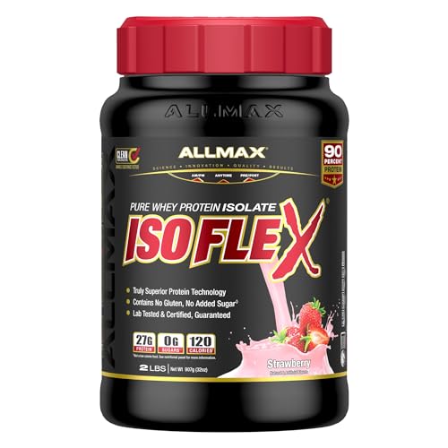 ALLMAX Nutrition ISOFLEX Whey Protein Isolate, Strawberry - 2 lb - 27 Grams of Protein Per Scoop - Zero Fat & Sugar - 99% Lactose Free - Gluten Free & Soy Free - Approximate 30 Servings