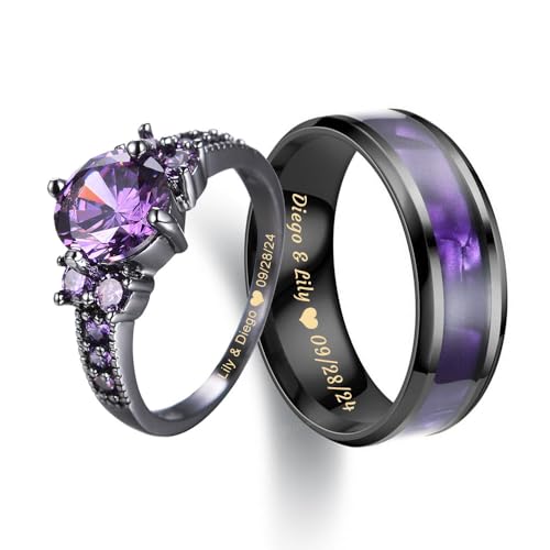 LuoShaHai Custom Engraved Couple Rings Set Promise Rings for Him and Her Purple Matching Wedding Rings for Couples Black and Blue Titanium Rings for Men Wedding Band CZ Engagement Ring for Women,Size 5-13 (Black Purple)