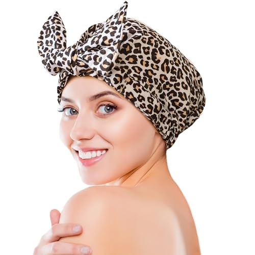 Luxury Shower Cap for Women, Shower Caps for Women Reusable Waterproof, Hair Cap for Shower, Large Adjustable Bowknot Bath Cap for Long Hair Braids